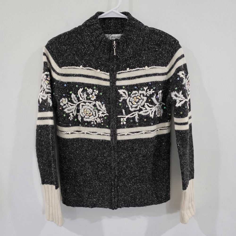 Dressbarn Womens Ugly Christmas Sweater Size Small Gray Floral Sequin Zip Wool